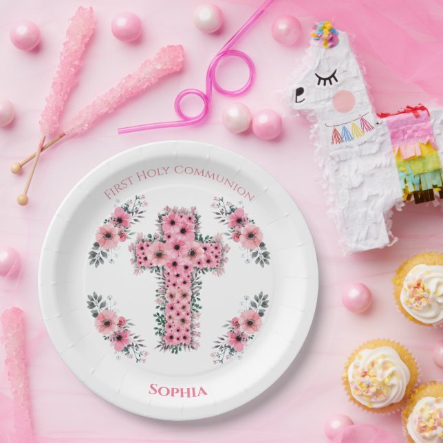 Cross Chic First Holy Communion Girl Pink Flower Paper Plate (Party)