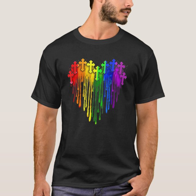 Cross Christian Dripping Heart Lgbt Watercolor T-Shirt (Front)