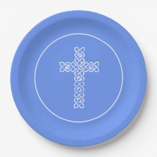 Cross Cornflower Blue Communion Baptism Christen Paper Plate
