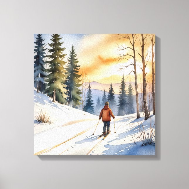 Cross Country Skier In Winter Woods Canvas Print (Front)