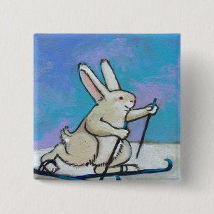 Cross Country Skiing rabbit fun cute winter art 15 Cm Square Badge