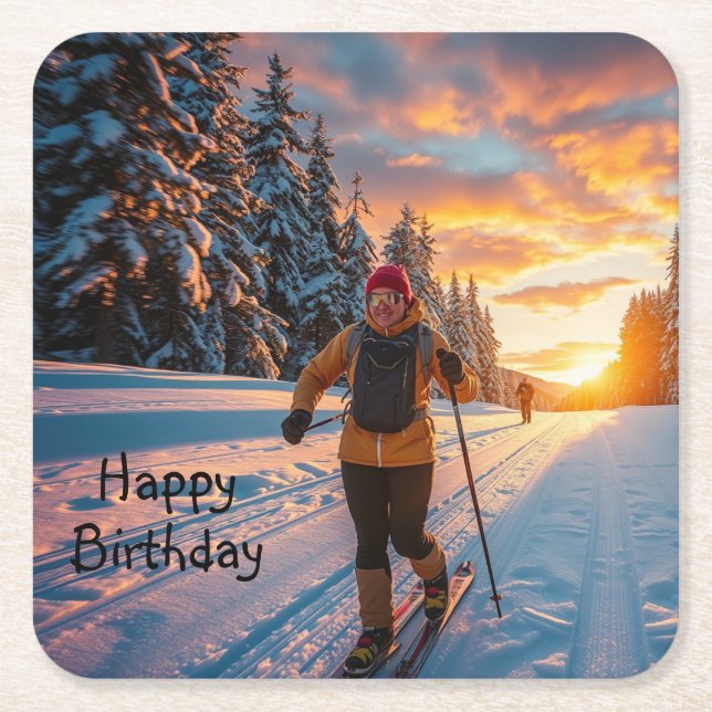 Cross Country Skiing Square Paper Coaster (Front)
