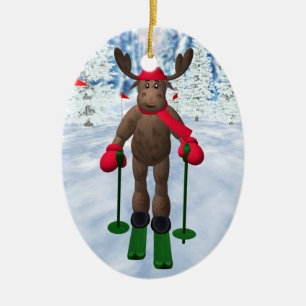 Cross-Country Skiing Whimsical Reindeer Ceramic Tree Decoration