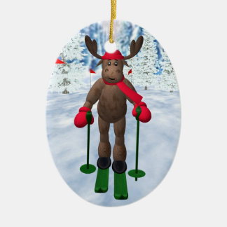 Cross-Country Skiing Whimsical Reindeer Ceramic Tree Decoration