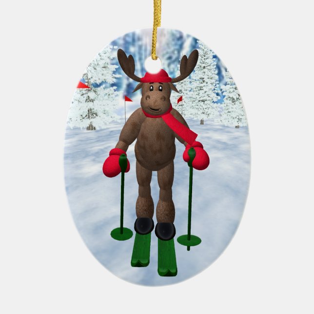 Cross-Country Skiing Whimsical Reindeer Ceramic Tree Decoration (Front)