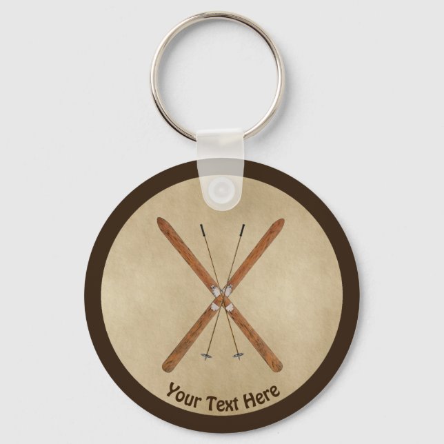 Cross-Country Skis On Old Paper Key Ring (Front)