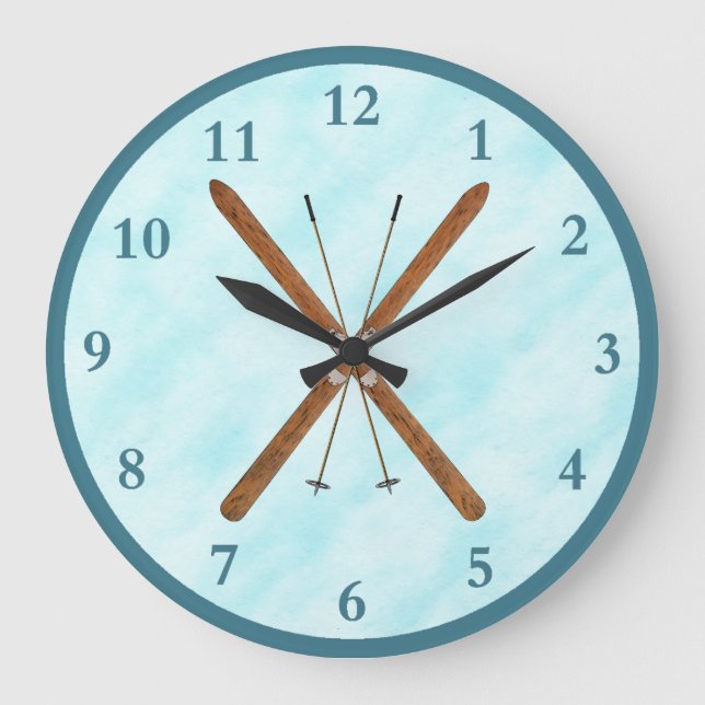 Cross-Country Skis On Snow Large Clock (Front)