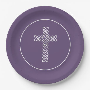 Cross Dark Purple Communion Baptism Christening Paper Plate