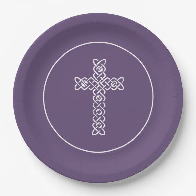 Cross Dark Purple Communion Baptism Christening Paper Plate (Front)
