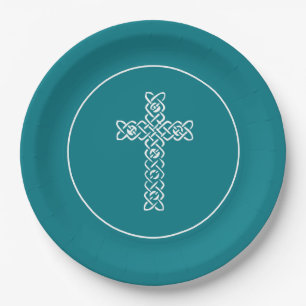 Cross Dark Teal Communion Baptism Christen Paper Plate