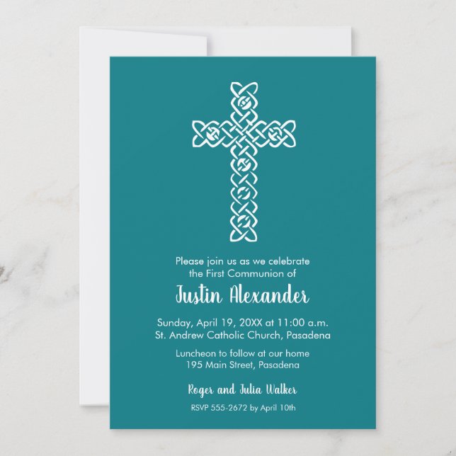 Cross Dark Teal First Baptism Christening Invite (Front)