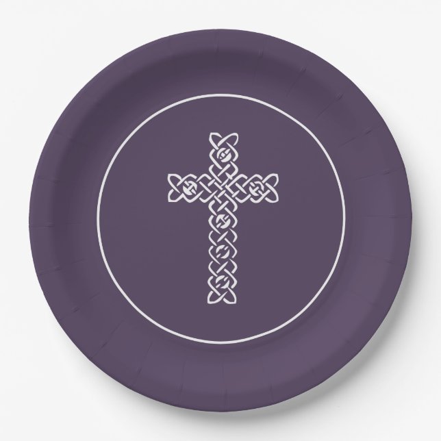 Cross Eggplant Communion Baptism Christening Paper Plate (Front)