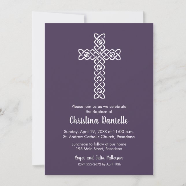Cross Eggplant Purple Baptism, Christening Invites (Front)