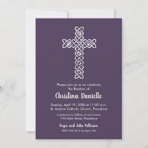 Cross Eggplant Purple Baptism, Christening Invites