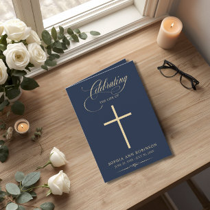 Cross Elegant Blue Gold Script Funeral Program Card