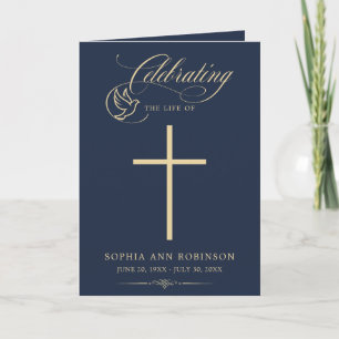 Cross Elegant Gold Script Blue Funeral Program Card