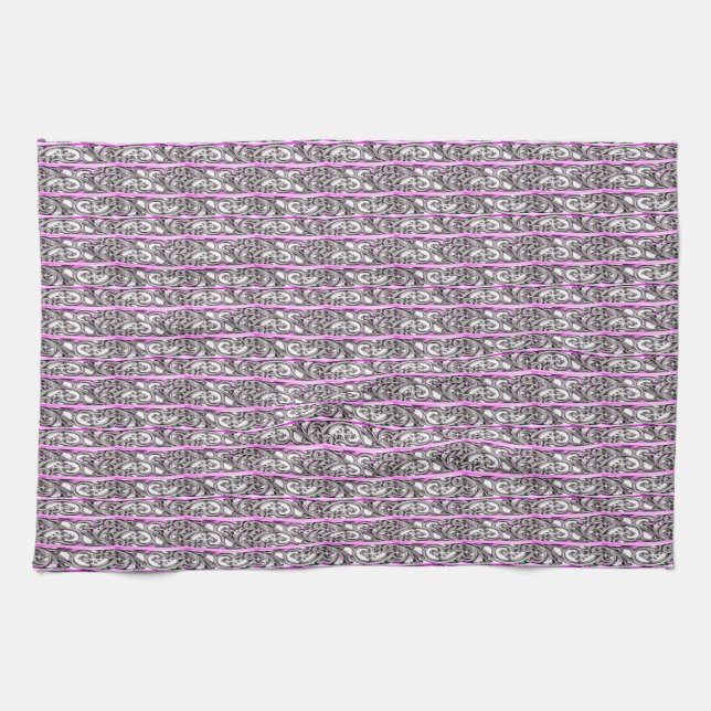 Cross Filigree Design Purple Silver Pattern Tea Towel (Horizontal)