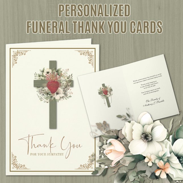 Cross Floral Catholic Funeral Condolence Thank You (Traditional Catholic Funeral Sympathy Thank You Card with Sacred Heart of Jesus)