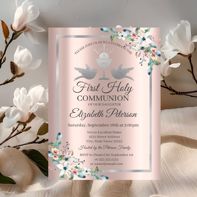 Cross Floral Rose Gold First Holy Communion   Invitation (Creator Uploaded)