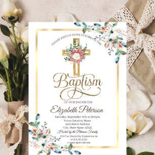Cross Floral Roses Frame Baptism Invitation