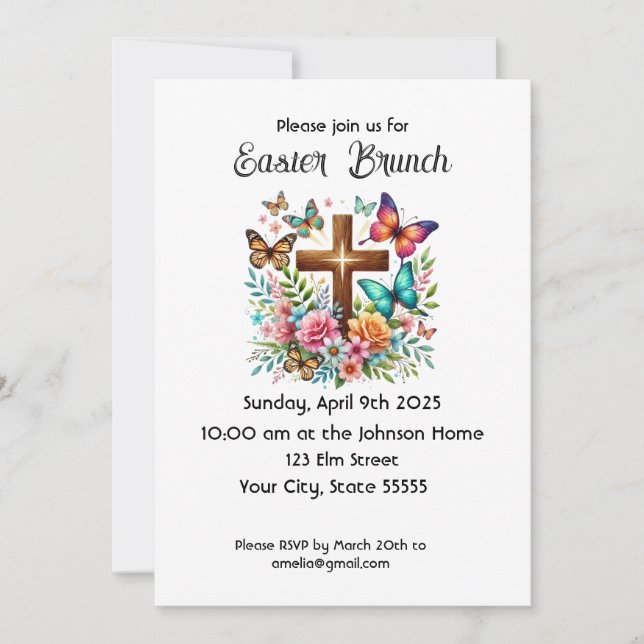 Cross Flowers Butterflies Easter Brunch Invitation (Front)