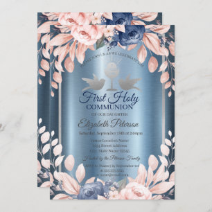 Cross Flowers First Blue Metallic Holy Communion Invitation