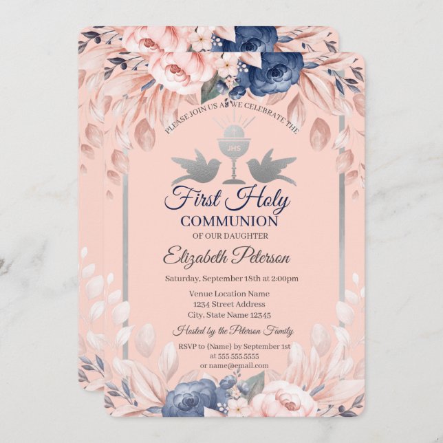 Cross Flowers First Holy Communion  Invitation (Front/Back)