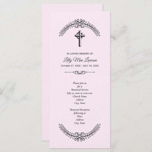 Cross Funeral Memorial Service Pink Invitations (Front/Back)