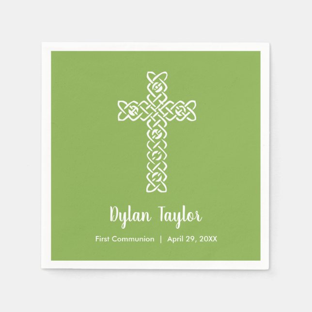 Cross | Green Communion Baptism Christening Napkin (Front)
