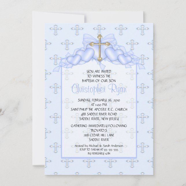 Cross & Hearts Baby Boy Baptism Inviation Invitation (Front)