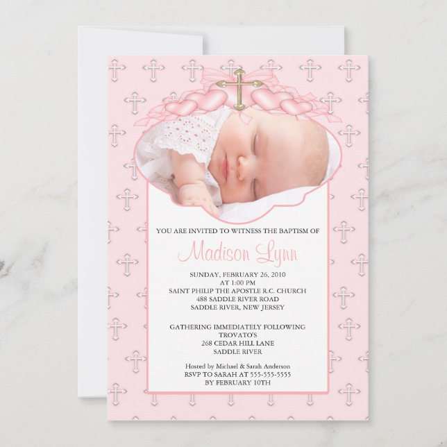 Cross & Hearts Photo Baptism Inviation Invitation (Front)