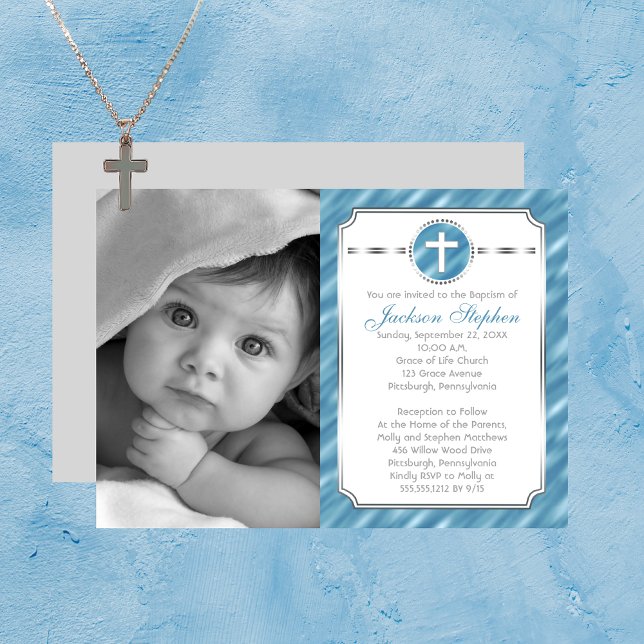 Cross in Circle Blue Boy Photo Baptism Invitation (Cross in Circle Blue Boy Photo Baptism Invitation)