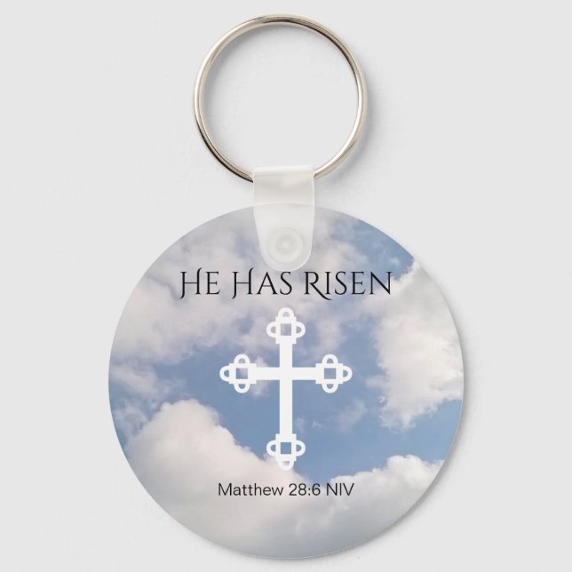 Cross in Cloudy Sky With Resurrection Bible Verse Key Ring (Front)