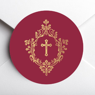 Cross in Crest Red Faux Gold Foil Vintage Burgundy Classic Round Sticker