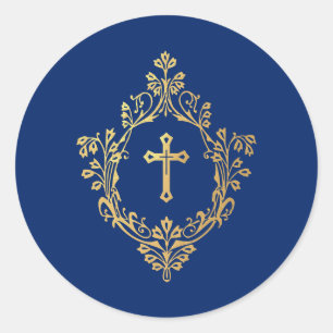 Cross in Crest Royal Blue Faux Gold Foil Religious Classic Round Sticker