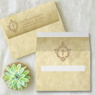 Cross in Crest Vintage Antique Parchment Religious Envelope