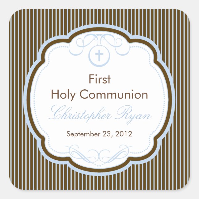 Cross In Frame First Holy Communion Boy Square Sticker (Front)