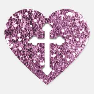Cross in White on Pink Glitter look Heart Sticker