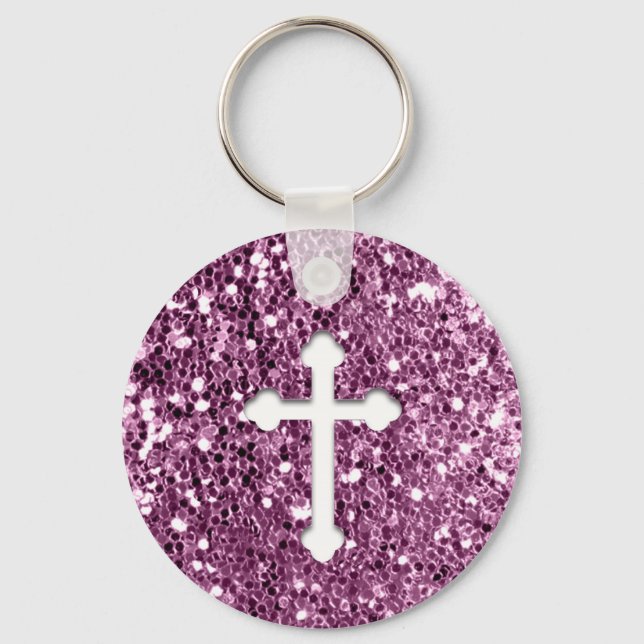 Cross in White on Pink Glitter look Key Ring (Front)