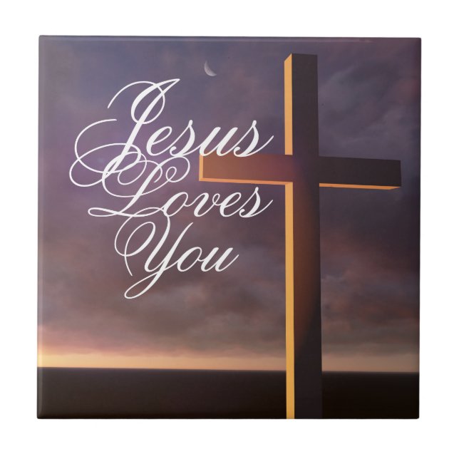 Cross Jesus Loves You Ceramic Tile (Front)