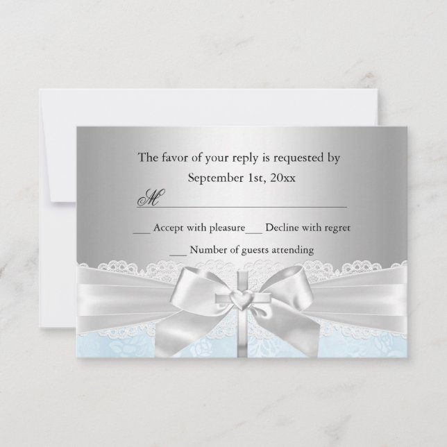Cross Lace Bow Blue Baptism/Christening RSVP Card (Front)
