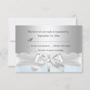 Cross Lace Bow Blue Baptism/Christening RSVP Card