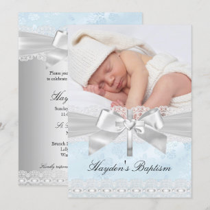 Cross Lace Bow Blue Photo Baptism Invitation