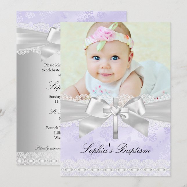 Cross Lace Bow Purple Photo Baptism Invitation (Front/Back)