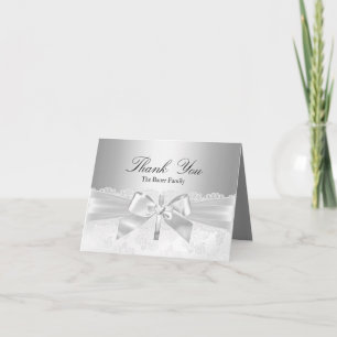 Cross & Lace Bow Silver Baptism Thank You Card