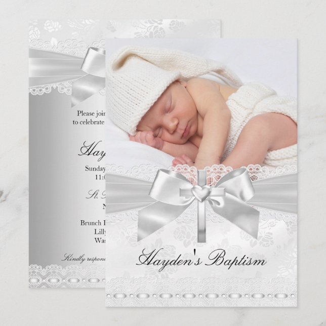 Cross & Lace Bow Silver Photo Baptism Invitation (Front/Back)