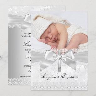 Cross & Lace Bow Silver Photo Baptism Invitation
