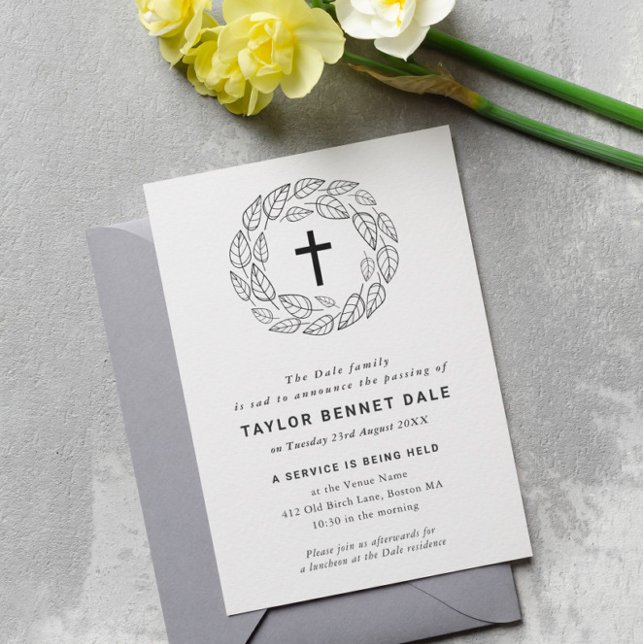 Cross Leaves Funeral Service Invitation (Creator Uploaded)