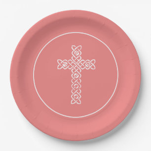 Cross Light Coral Communion Baptism Christening Paper Plate