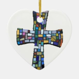 cross mosaic coloured red blue green Christian Ceramic Tree Decoration